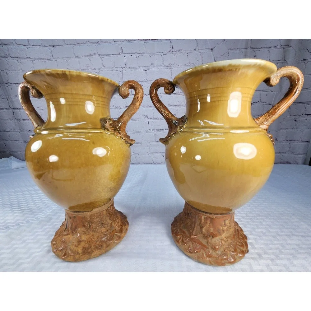 Lg Tuscan Style Ceramic Vase Set Brown Drip Glaze Rustic Bookshelf Mantlw Decor